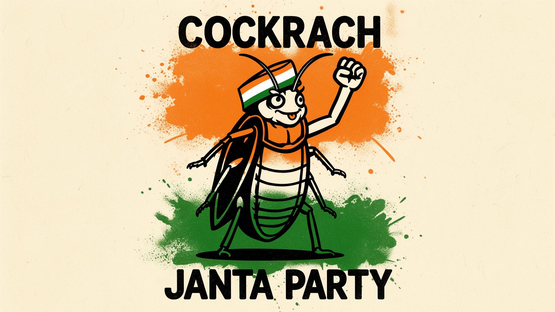 Cockroach Janta Party mascot — a defiant cockroach wearing a Gandhi cap